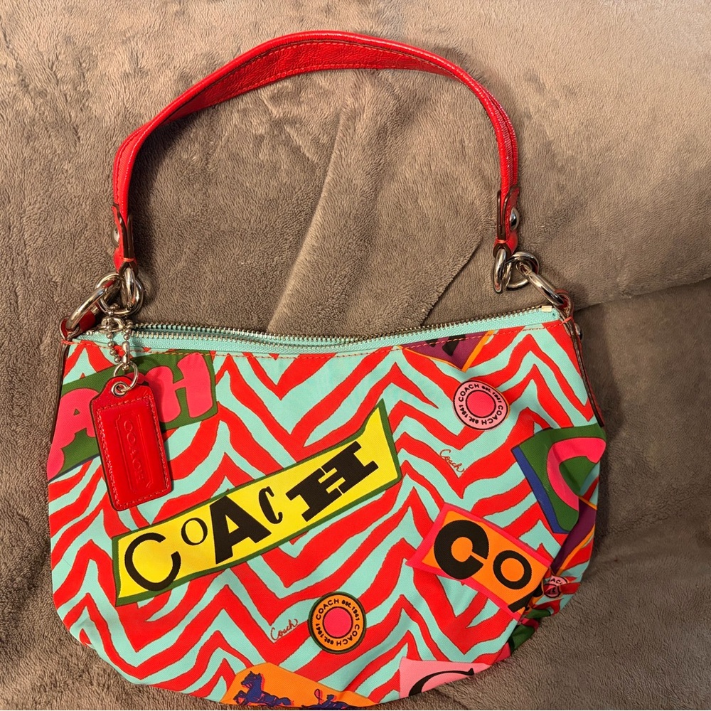 Coach Poppy Graffiti Groovy Multicolor Graphic Print Shoulder Bag with Red Trim - Picture 2 of 10